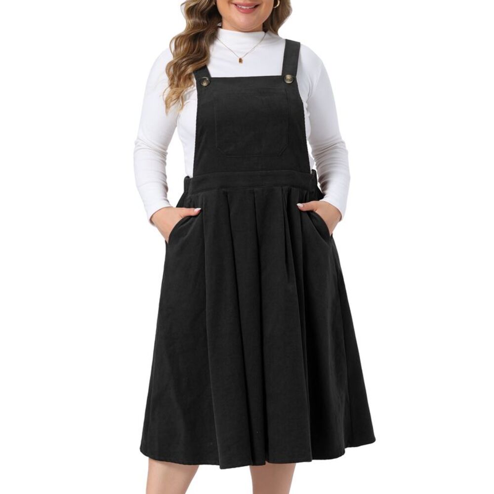 Women's Plus Size Corduroy Adjustable Strap Overall Dress Black